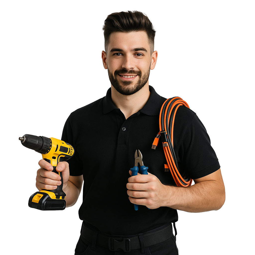Technician holding tools with cables over shoulder.